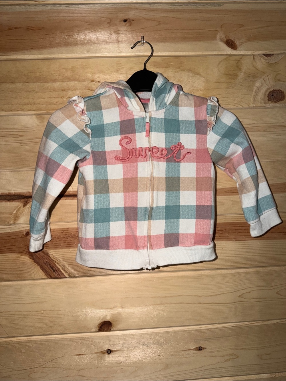 Little Me Pastel Plaid Hooded Zip Sweatshirt in Pink, Blue, Cream, Tan, White